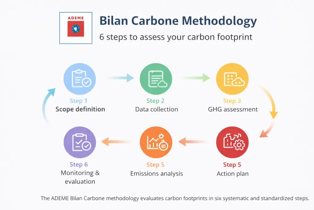 Scheme representin the 6 steps of the bilan carbone methodology.