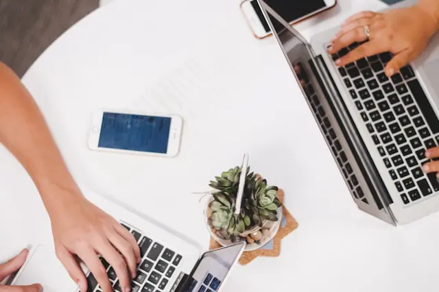 Team working together at a desk with laptops and a plant